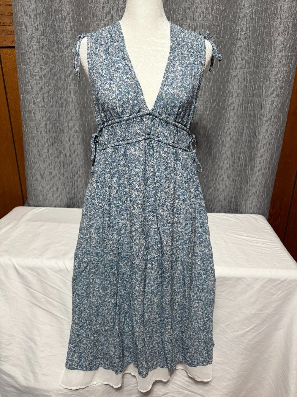 Rails Womens Slate Blue Ditsy Floral Deep V Neck Tie Shoulder Midi Sundress